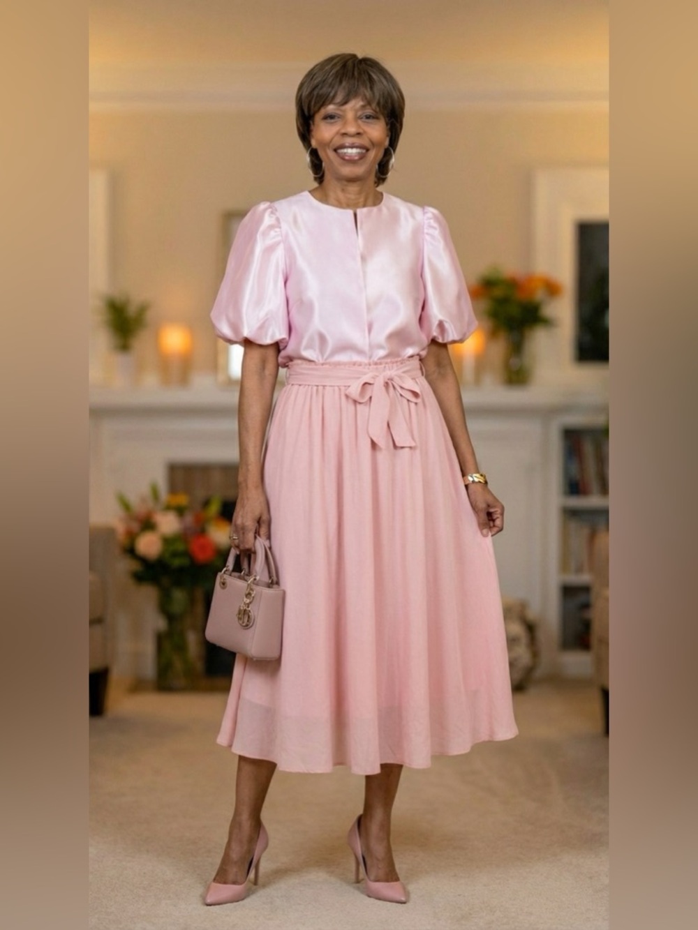 Blush Pink Tie Waist Midi Skirt XXL Flowy Elegant